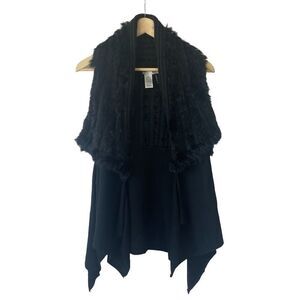 Alberto Makali Black Rabbit Fur Trim Handkerchief Hem Sleeveless Sweater  Sz M